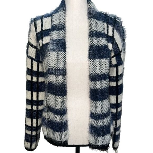 La Fee Verte Womens Plaid Fuzzy Open Front Cardigan Sweater Blue White Size M - Picture 1 of 7